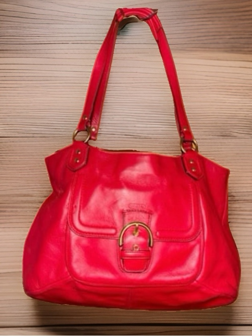 Red leather Coach Campbell Belle satchel featuring gold-tone hardware